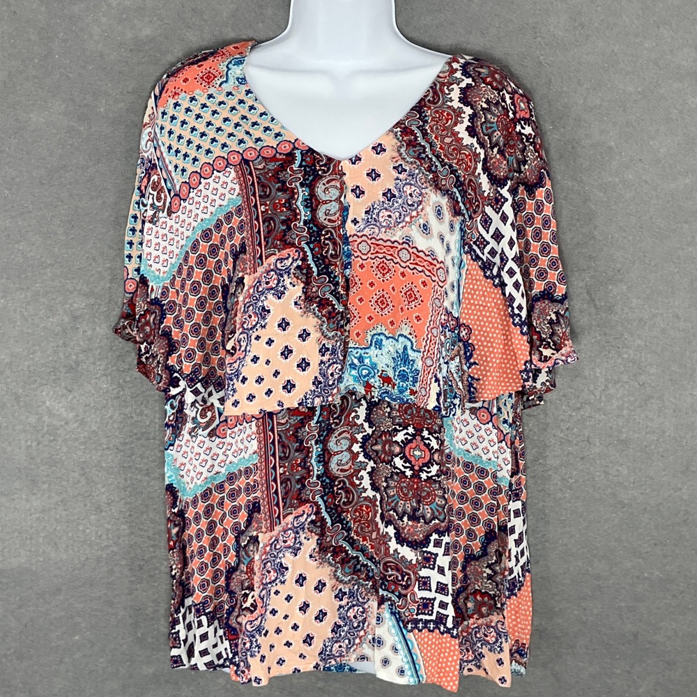 Chico's Paisley Patchwork Print Tunic Top Blouse Short Sleeve Colorful Size 3 XL